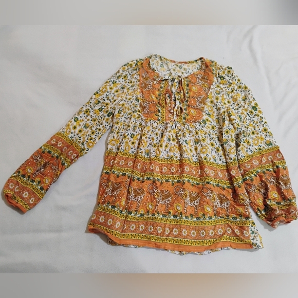 Unbranded Tops - Boho Tie-Neck Floral Blouse in Orange and White